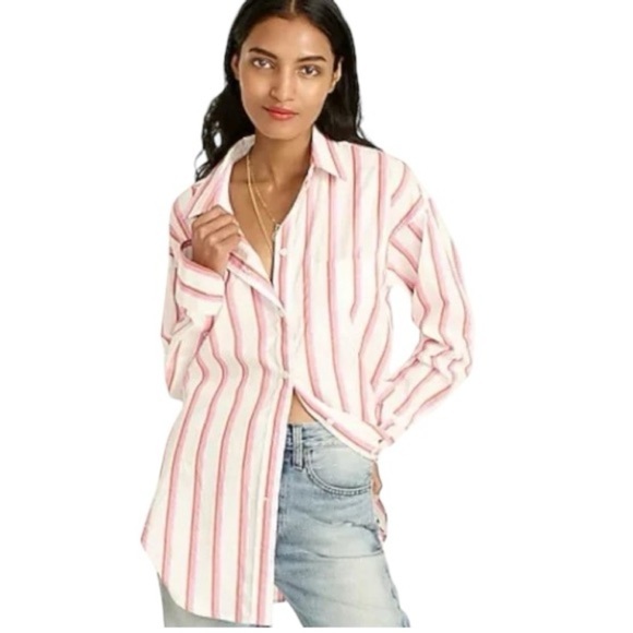 J CREW Relaxed Fit Washed Cotton Poplin Pink Stripe Button Down Shirt Women’s 6 - Picture 2 of 10